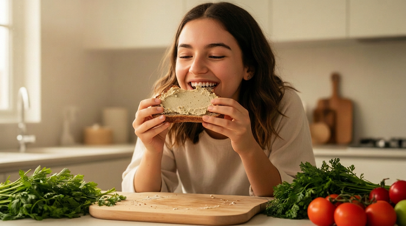 Lifestyle · vrouw eet plantaardige spread